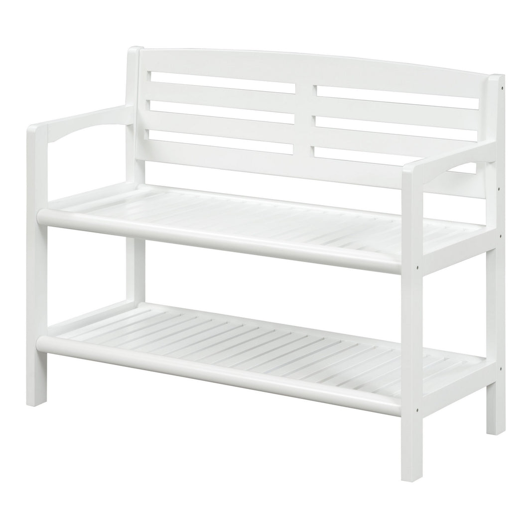 White Finish Solid Wood Slat Bench With High Back And Shelf