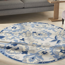 Load image into Gallery viewer, 5&#39; Round Blue And Gray Round Floral Indoor Outdoor Area Rug