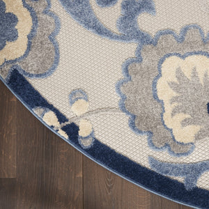5' Round Blue And Gray Round Floral Indoor Outdoor Area Rug