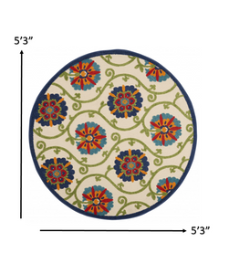 5' Round Ivory And Blue Round Floral Indoor Outdoor Area Rug