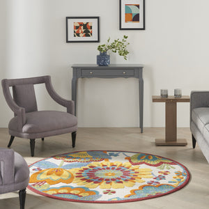 4' Round Yellow And Ivory Round Floral Indoor Outdoor Area Rug