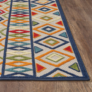 5' X 7' Ivory And Blue Southwestern Stain Resistant Indoor Outdoor Area Rug