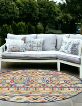 Load image into Gallery viewer, 8&#39; Round Ivory And Blue Round Southwestern Stain Resistant Indoor Outdoor Area Rug