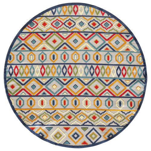 8' Round Ivory And Blue Round Southwestern Stain Resistant Indoor Outdoor Area Rug