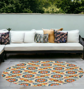8' Round Orange And Ivory Round Moroccan Stain Resistant Indoor Outdoor Area Rug