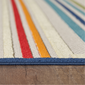 8' X 10' Ivory And Blue Striped Stain Resistant Indoor Outdoor Area Rug