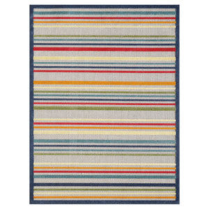 8' X 10' Ivory And Blue Striped Stain Resistant Indoor Outdoor Area Rug