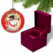Load image into Gallery viewer, Festive Snowman on his way Hand Painted Mouth Blown Glass Ornament