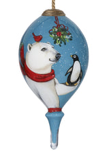 Load image into Gallery viewer, Snowy Polar Bear and Penguin Hand Painted Mouth Blown Glass Ornament