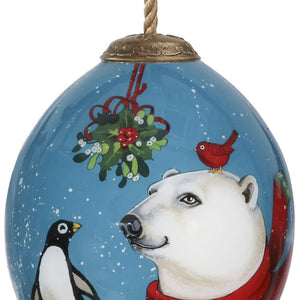 Snowy Polar Bear and Penguin Hand Painted Mouth Blown Glass Ornament