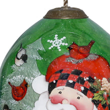 Load image into Gallery viewer, Plaid Santa with Cardinals Hand Painted Mouth Blown Glass Ornament