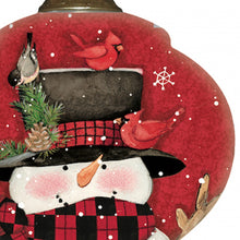 Load image into Gallery viewer, Plaid Snowman and Cardinals Hand Painted Mouth Blown Glass Ornament