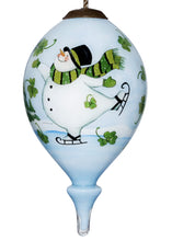 Load image into Gallery viewer, Ice Skating Shamrock Snowman Hand Painted Mouth Blown Glass Ornament