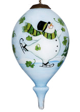 Load image into Gallery viewer, Ice Skating Shamrock Snowman Hand Painted Mouth Blown Glass Ornament