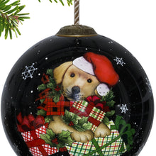Load image into Gallery viewer, Christmas Puppy with Presents Hand Painted Mouth Blown Glass Ornament