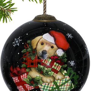 Christmas Puppy with Presents Hand Painted Mouth Blown Glass Ornament