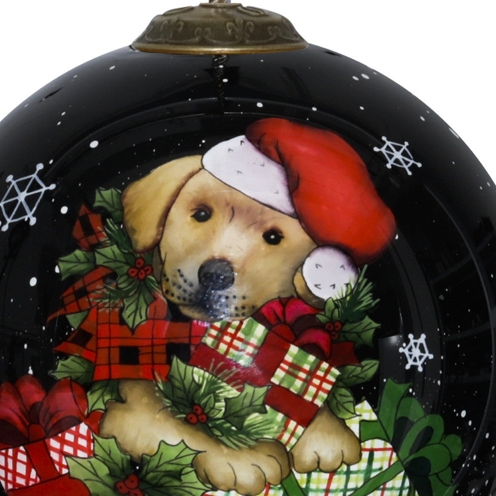 Christmas Puppy with Presents Hand Painted Mouth Blown Glass Ornament