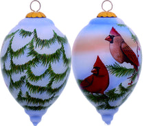 Load image into Gallery viewer, Perched Winter Cardinal Hand Painted Mouth Blown Glass Ornament