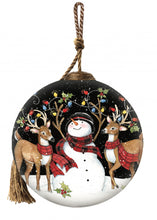 Load image into Gallery viewer, Snowman and Reindeer in Holiday Lights Hand Painted Mouth Blown Glass Ornament