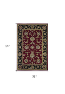 5'X8' Red Black Machine Woven Floral Traditional Indoor Area Rug