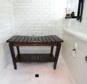 Contemporary Teak Shower Bench With Shelf In Brown Finish