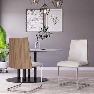 Set Of 2 Modern White Faux Leather And Walnut Finish Dining Chairs
