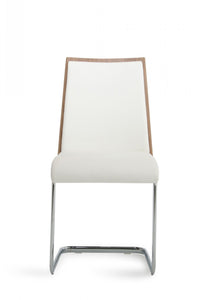 Set Of 2 Modern White Faux Leather And Walnut Finish Dining Chairs