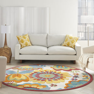 4' Round Yellow And Ivory Round Floral Indoor Outdoor Area Rug