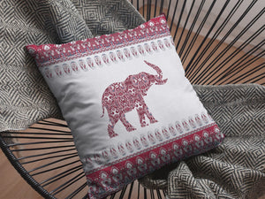 18” Red White Ornate Elephant Indoor Outdoor Zippered Throw Pillow