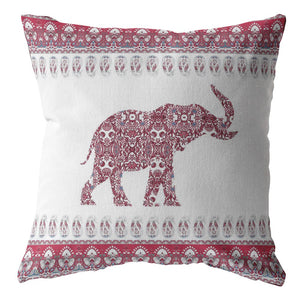 18” Red White Ornate Elephant Indoor Outdoor Zippered Throw Pillow
