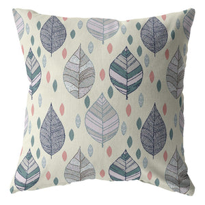 18” Cream Gray Leaves Indoor Outdoor Zippered Throw Pillow