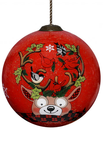 Reindeer with Plaids and Cardinals Hand Painted Mouth Blown Glass Ornament