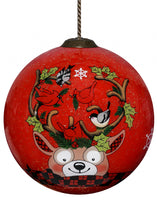 Load image into Gallery viewer, Reindeer with Plaids and Cardinals Hand Painted Mouth Blown Glass Ornament