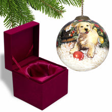 Load image into Gallery viewer, Puppy under the Christmas Tree Hand Painted Mouth Blown Glass Ornament