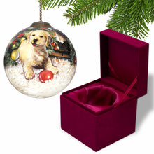 Load image into Gallery viewer, Puppy under the Christmas Tree Hand Painted Mouth Blown Glass Ornament