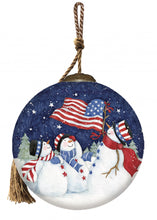Load image into Gallery viewer, Three Snowman and an American Flag Hand Painted Mouth Blown Glass Ornament