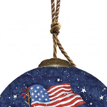Load image into Gallery viewer, Three Snowman and an American Flag Hand Painted Mouth Blown Glass Ornament